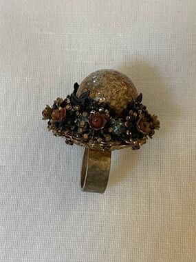 Miriam Haskell Statement Ring Vintage Floral Filigree Glass Cabochon